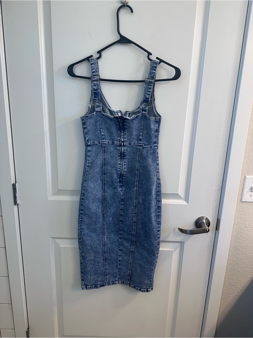 Denim Bodycon Midi Dress with Side Slit - Light Blue - Picture 9 of 13